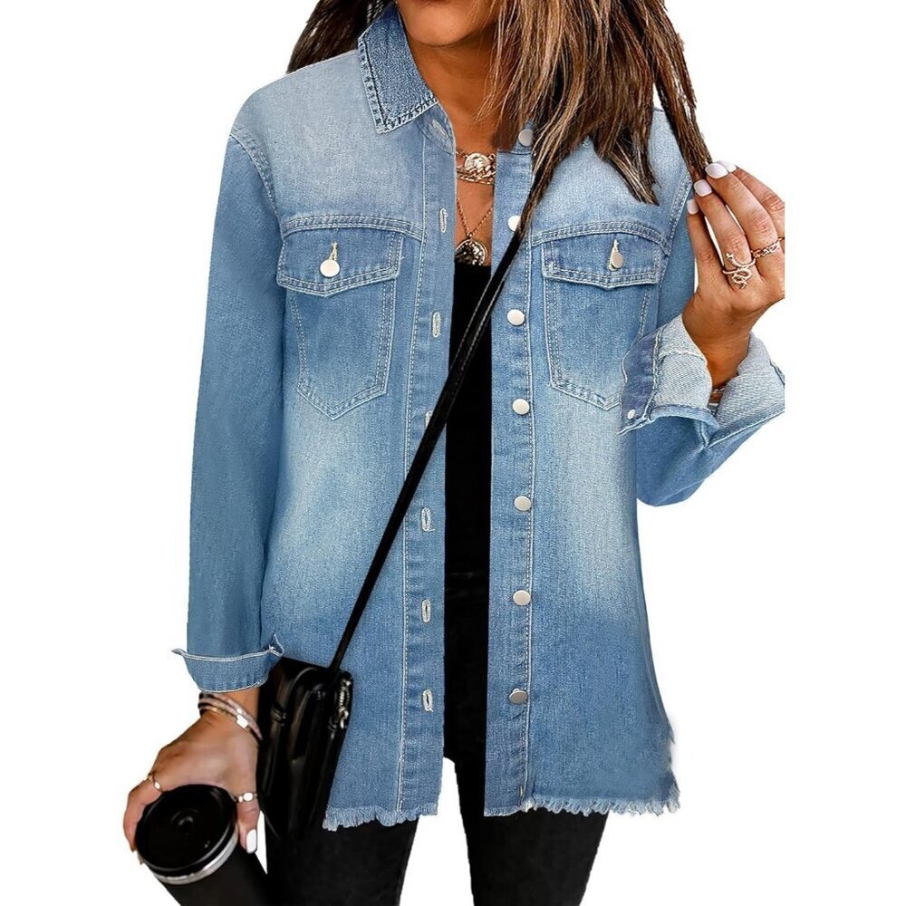 Women's Oversized Jean Jacket Long Sleeve Distressed Frayed Hem Sky Blue